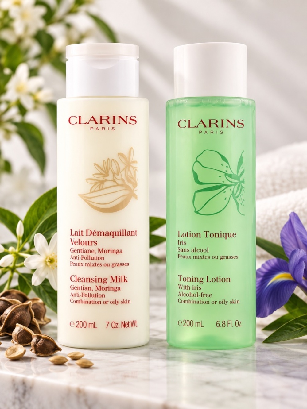 Clarins Cleansing Milk + Iris Toning Lotion 200ml Set Combo Oily Skin NEW
